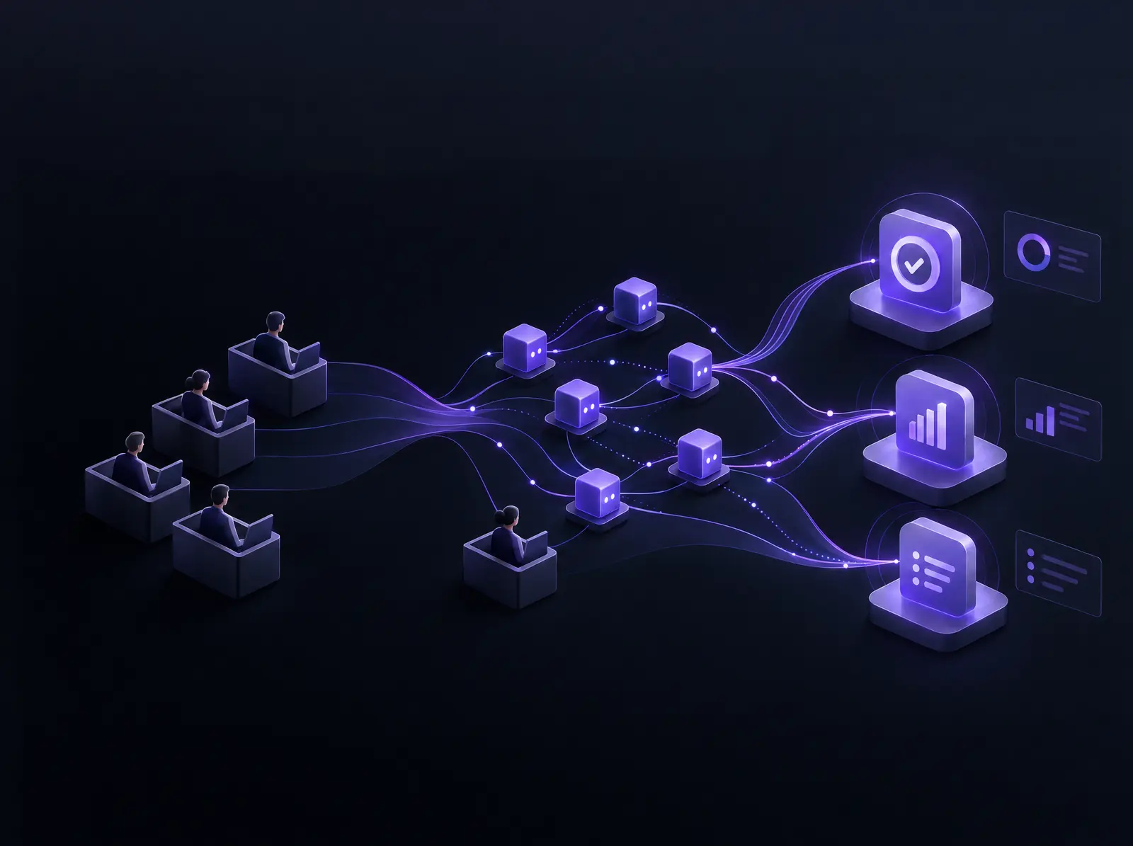 Illustration: a few people at desks hand work to a network of violet AI agents, which feed results like completed tasks, charts and reports.